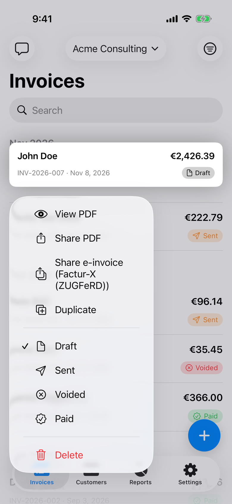 Invoice menu offering View PDF, Share PDF, Share e-invoice in Factur-X ZUGFeRD format, Duplicate, and status options.