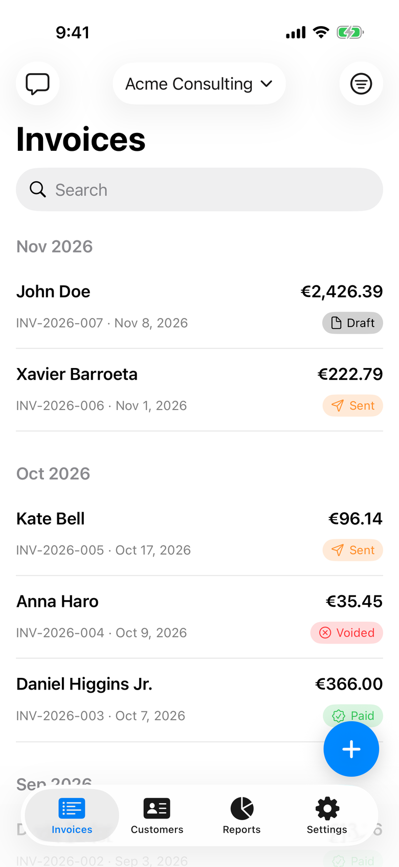 Invoice list grouped by month with amounts and Draft, Sent, Paid and Voided status chips.