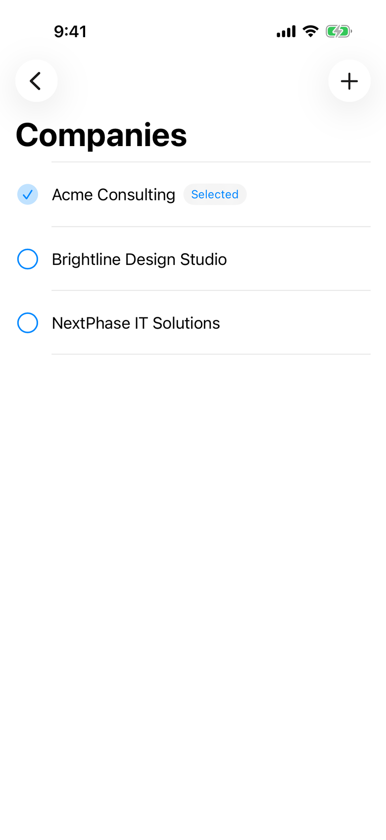 Company list showing several businesses managed inside the same invoice app.